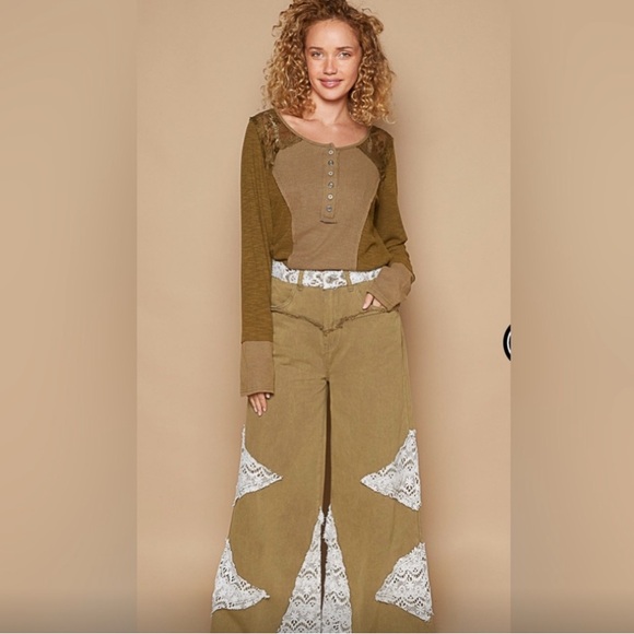POL Pants - POL Olive and White Wide-Leg Pants